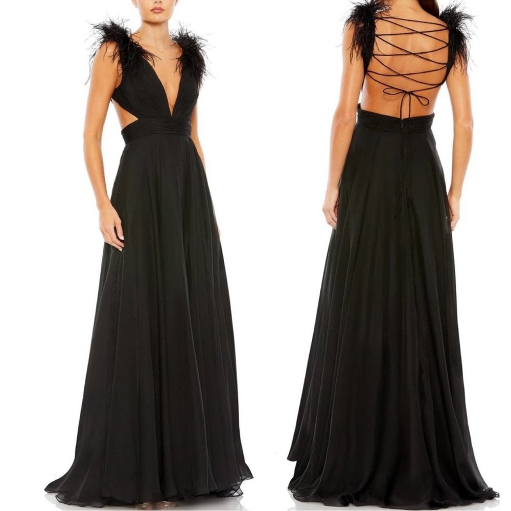 NWOT Mac Duggal Black Feather Trim Plunge V-Neck A-Line Lace Up Gown Size 6